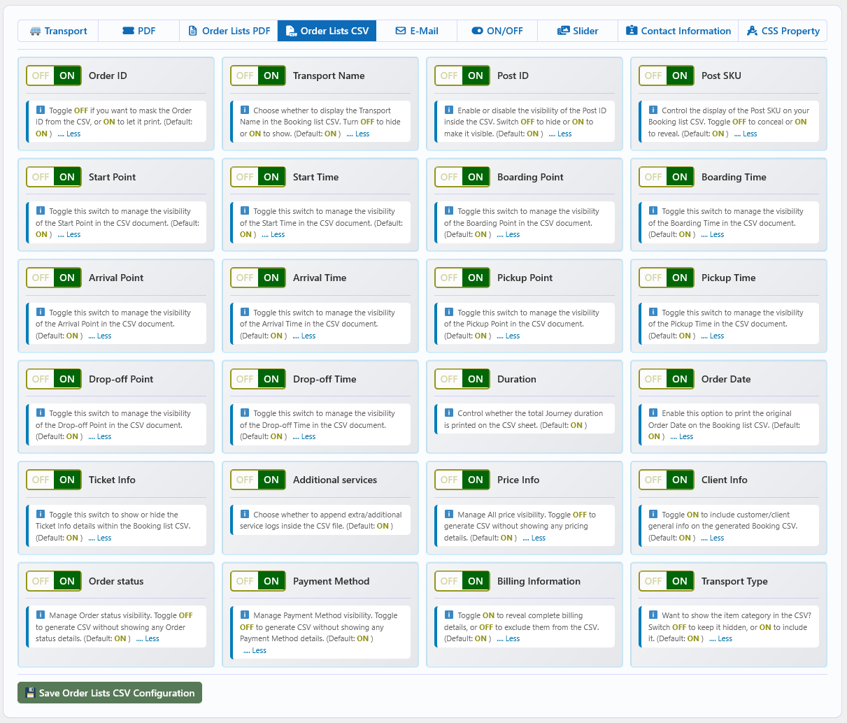 Transport Booking Order Lists CSV Configuration