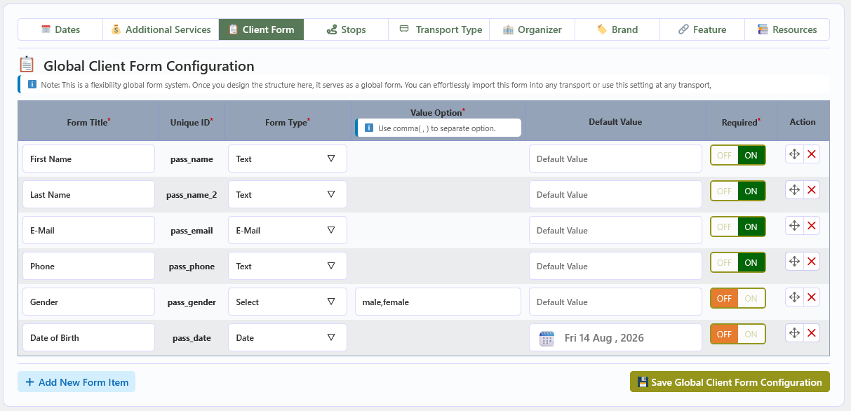 Global Client Form Configuration